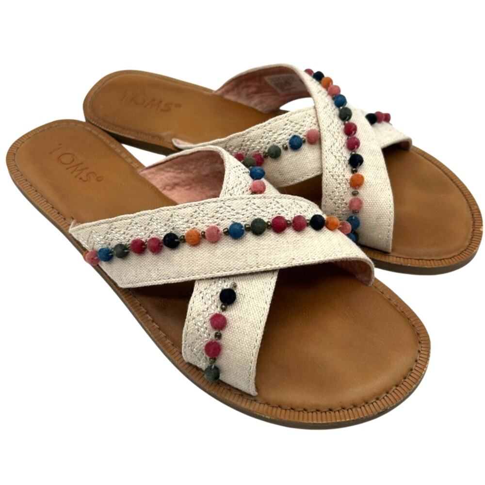 TOMS Natural Hemp Pom Pom Beaded Slide Sandal SIZE 8 Boho Beach Resort Travel